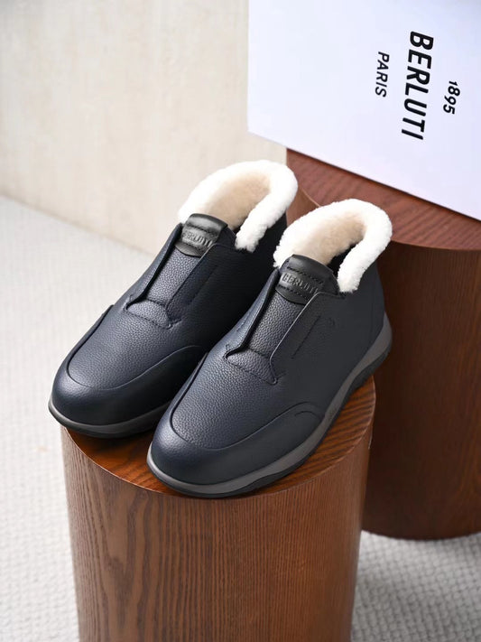 Berluti Men's Grained Leather Shearling Lined Slip-On Ankle Boots, Quiet Luxury Old Money Winter Casual Sneaker Boots