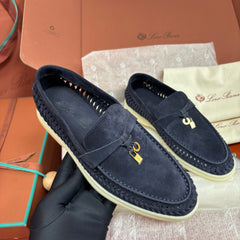 Summer Charms Walk Loafer Women Woven Cutout Suede Slip‑On Loafers, Gold Lock Charm Flat Casual Walking Shoes
