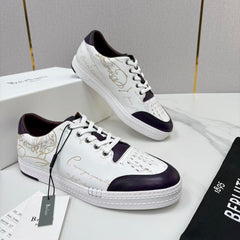 Berluti Playtime Scritto Leather Sneaker, Men Venezia Calfskin Low Top Sneakers, Hand Patina Scritto Calligraphy Engraved Lace-up Casual Shoes, Lightweight Rubber Sole Luxury Daily Board Shoes