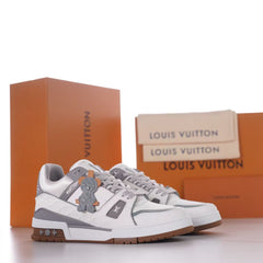 LV Trainer Sneaker with Doll Charm Men's Low‑Top Skate Board Shoes, Embossed Monogram Leather Upper, Removable Doll Ornament
