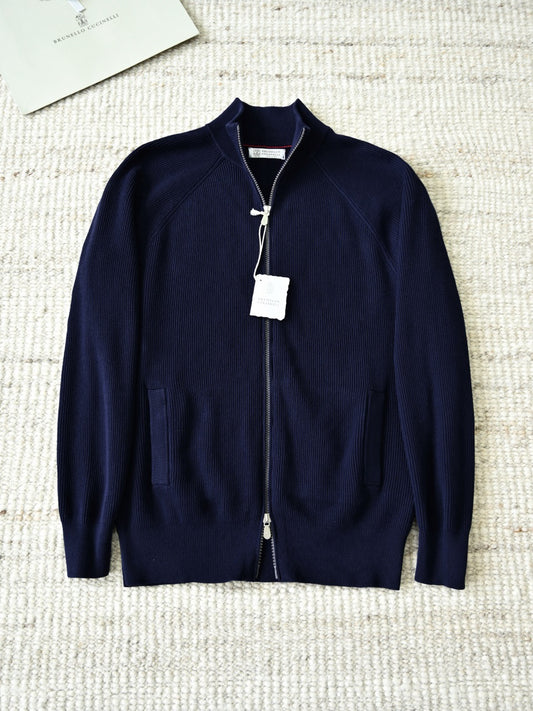 Brunello Cucinelli Ribbed-Knit Zip-Up Cardigan With Raglan Sleeves And Side Pockets, Men's Full Zip Stand Collar Vertical Rib Knit Sweater Jacket