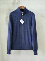 Brunello Cucinelli Ribbed-Knit Cashmere Zip-Up Cardigan, Men's Full Zip Stand Collar Vertical Rib Knit Sweater Jacket