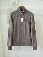 Brunello Cucinelli Ribbed-Knit Cashmere Zip-Up Cardigan, Men's Full Zip Stand Collar Vertical Rib Knit Sweater Jacket