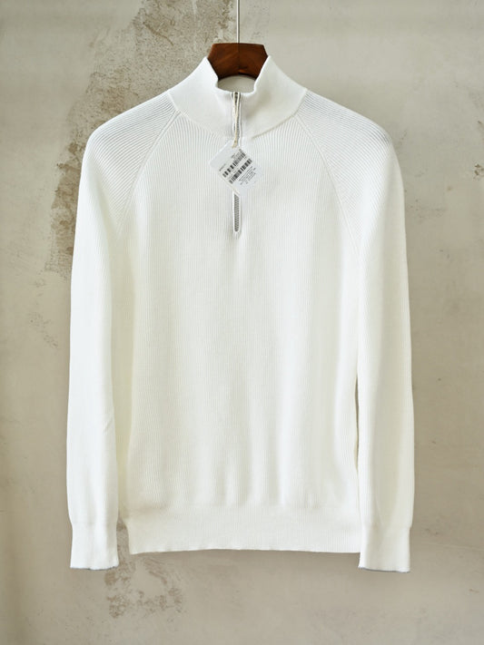 Brunello Cucinelli Cotton English Rib Sweater With Half Zip And Raglan Sleeves, Men's Quarter Zip Mock Neck Ribbed Knit Sweater