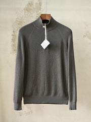 Brunello Cucinelli Cotton English Rib Sweater With Half Zip And Raglan Sleeves, Men's Quarter Zip Mock Neck Ribbed Knit Sweater