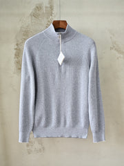Brunello Cucinelli Cotton English Rib Sweater With Half Zip And Raglan Sleeves, Men's Quarter Zip Mock Neck Ribbed Knit Sweater
