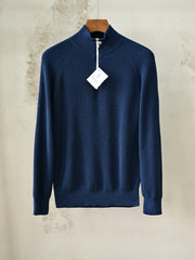Brunello Cucinelli Cotton English Rib Sweater With Half Zip And Raglan Sleeves, Men's Quarter Zip Mock Neck Ribbed Knit Sweater