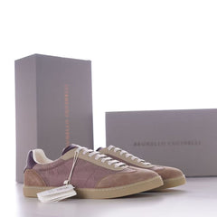 Brunello Cucinelli Knitted Cotton And Suede Low-Top Sneakers, Men's Lace-Up Round Toe Knit Suede Combination Trainers
