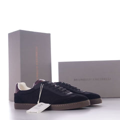 Brunello Cucinelli Knitted Cotton And Suede Low-Top Sneakers, Men's Lace-Up Round Toe Knit Suede Combination Trainers