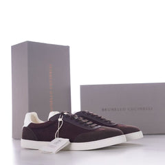 Brunello Cucinelli Knitted Cotton And Suede Low-Top Sneakers, Men's Lace-Up Round Toe Knit Suede Combination Trainers