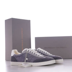 Brunello Cucinelli Knitted Cotton And Suede Low-Top Sneakers, Men's Lace-Up Round Toe Knit Suede Combination Trainers