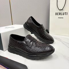 Berluti Fast Track Croc-Embossed Leather Penny Loafer Sneakers, Men's Slip-On Hybrid Loafer Thick Sole Trainers
