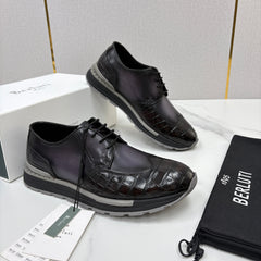 Berluti Fast Track Croc-Embossed Patina Leather Derby Sneakers, Men's Lace-Up Hybrid Dress Casual Thick Sole Trainers