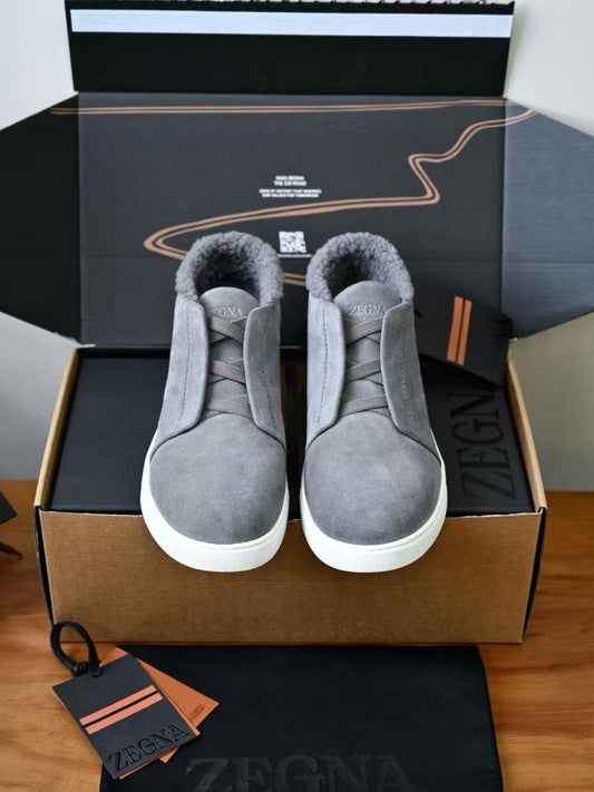 Zegna Triple Stitch™ Vetta High-Top Shearling Lined Sneaker, Men Suede High Top Winter Sneakers, Shearling Lining Cross Elastic Slip-on Luxury Warm Casual Boots