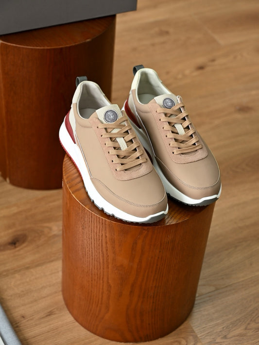 Men's Genuine Leather Patchwork Sneakers Color‑Block Thick‑Cushion Retro Low‑Top Casual Running Shoes