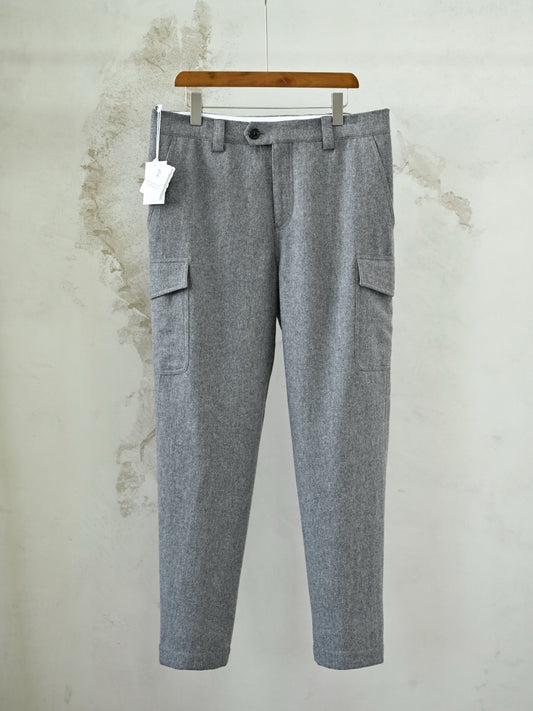 Men's Grey Wool Cargo Pants Autumn Winter Thick Straight‑Leg Casual Multi‑Pocket Trousers
