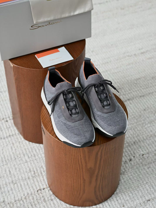 Santoni Men's Grey Sock‑Fit Knit Sneakers, Italian Luxury Casual Athletic Shoes