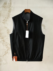 Loro Piana Men's Reversible Stand Collar Vest, Black Microfiber Full-Zip Sleeveless Gilet, Luxury Old Money Casual Waistcoat