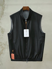 Loro Piana Men's Reversible Stand Collar Vest, Black Microfiber Full-Zip Sleeveless Gilet, Luxury Old Money Casual Waistcoat