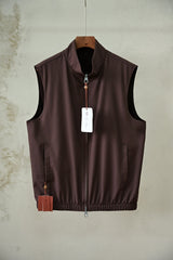 Loro Piana Men's Reversible Stand Collar Vest, Black Microfiber Full-Zip Sleeveless Gilet, Luxury Old Money Casual Waistcoat
