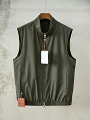 Loro Piana Men's Reversible Stand Collar Vest, Black Microfiber Full-Zip Sleeveless Gilet, Luxury Old Money Casual Waistcoat