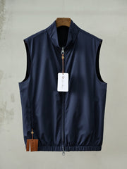 Loro Piana Men's Reversible Stand Collar Vest, Black Microfiber Full-Zip Sleeveless Gilet, Luxury Old Money Casual Waistcoat