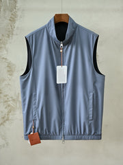 Loro Piana Men's Reversible Stand Collar Vest, Black Microfiber Full-Zip Sleeveless Gilet, Luxury Old Money Casual Waistcoat