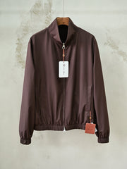 Loro Piana Men's Reversible Stand Collar Bomber Jacket, Khaki Microfiber Full-Zip Windproof Old Money Luxury Casual Jacket