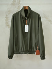 Loro Piana Men's Reversible Stand Collar Bomber Jacket, Khaki Microfiber Full-Zip Windproof Old Money Luxury Casual Jacket