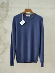 Brunello Cucinelli Men's Navy Crew Neck Cashmere Sweater, Quiet Luxury Old Money Business Casual Fine Knit Pullover