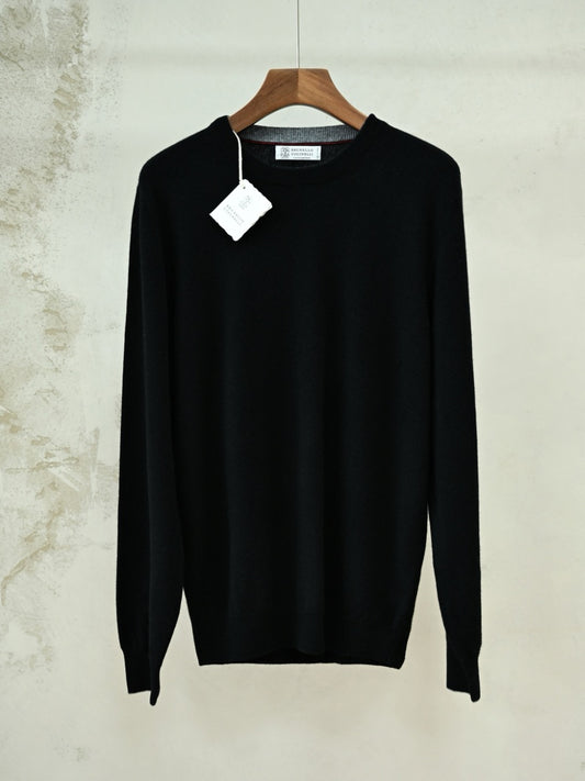 Brunello Cucinelli Men's Navy Crew Neck Cashmere Sweater, Quiet Luxury Old Money Business Casual Fine Knit Pullover