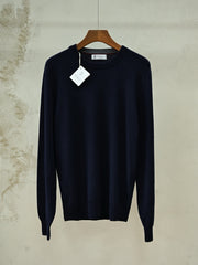 Brunello Cucinelli Men's Navy Crew Neck Cashmere Sweater, Quiet Luxury Old Money Business Casual Fine Knit Pullover