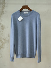 Brunello Cucinelli Men's Navy Crew Neck Cashmere Sweater, Quiet Luxury Old Money Business Casual Fine Knit Pullover
