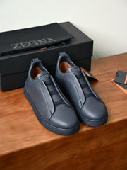 Zegna Men's Triple Stitch Deerskin Leather Sneakers, Quiet Luxury Old Money Slip-On Casual Trainers