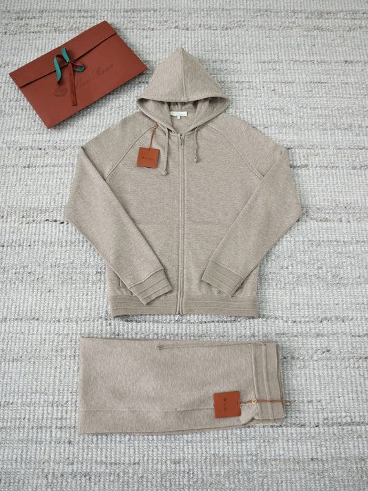 Loro Piana Men's Zip-Up Hooded Tracksuit Set, Quiet Luxury Old Money Knit Sweatshirt & Jogger Pants Outfit