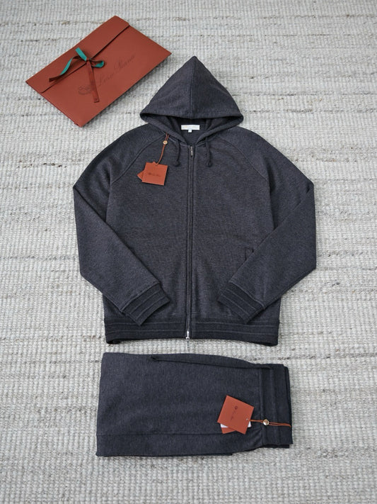 Loro Piana Men's Zip-Up Hooded Tracksuit Set, Quiet Luxury Old Money Knit Sweatshirt & Jogger Pants Outfit