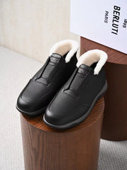 Berluti Men's Grained Leather Shearling Lined Slip-On Ankle Boots, Quiet Luxury Old Money Winter Casual Sneaker Boots