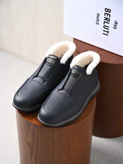 Berluti Men's Grained Leather Shearling Lined Slip-On Ankle Boots, Quiet Luxury Old Money Winter Casual Sneaker Boots