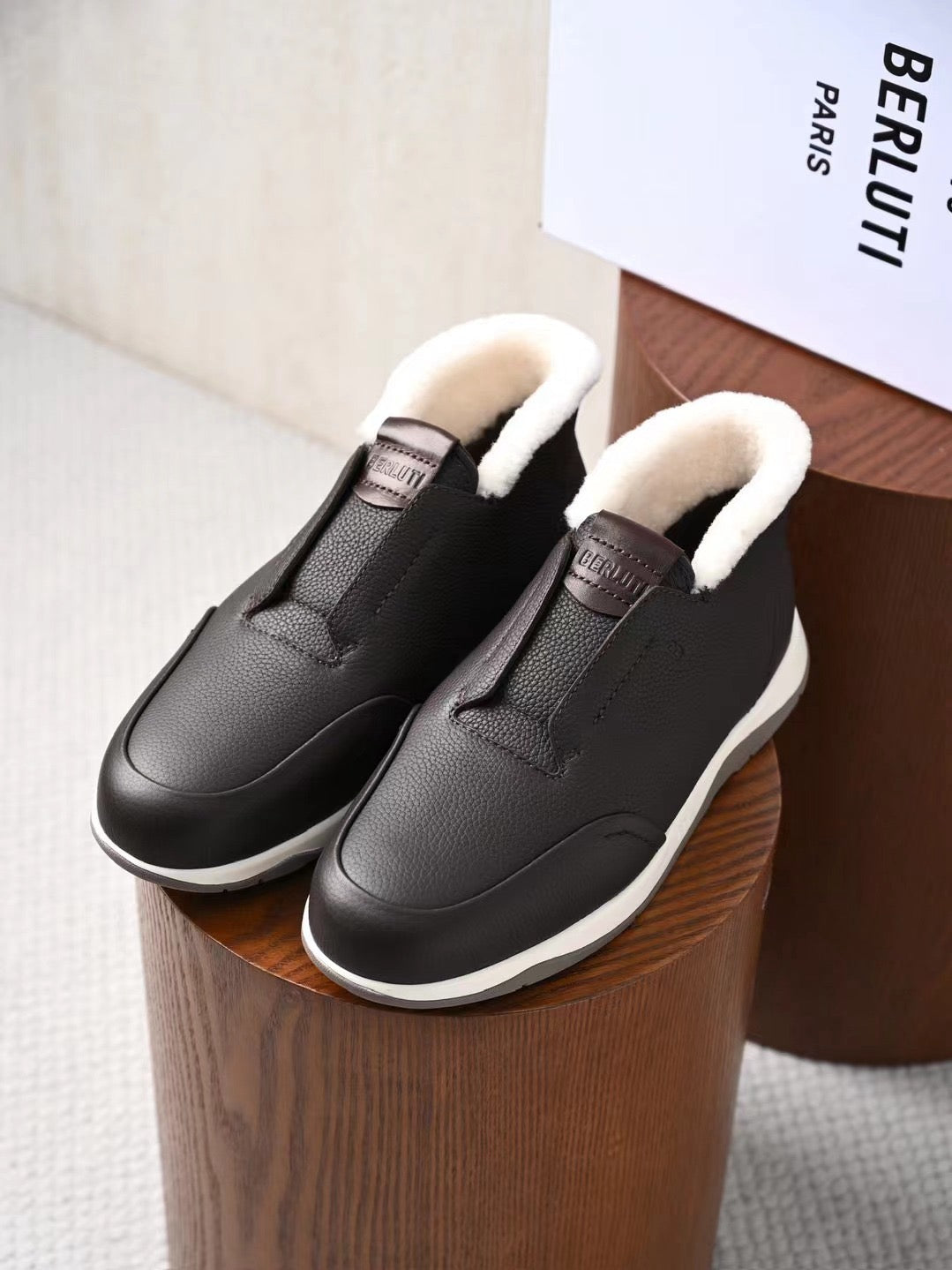 Berluti Men's Grained Leather Shearling Lined Slip-On Ankle Boots, Quiet Luxury Old Money Winter Casual Sneaker Boots