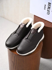Berluti Men's Grained Leather Shearling Lined Slip-On Ankle Boots, Quiet Luxury Old Money Winter Casual Sneaker Boots