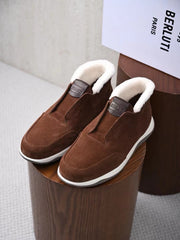 Berluti Men's Grained Leather Shearling Lined Slip-On Ankle Boots, Quiet Luxury Old Money Winter Casual Sneaker Boots