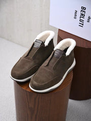 Berluti Men's Grained Leather Shearling Lined Slip-On Ankle Boots, Quiet Luxury Old Money Winter Casual Sneaker Boots
