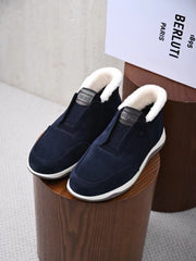 Berluti Men's Grained Leather Shearling Lined Slip-On Ankle Boots, Quiet Luxury Old Money Winter Casual Sneaker Boots
