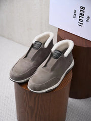 Berluti Men's Grained Leather Shearling Lined Slip-On Ankle Boots, Quiet Luxury Old Money Winter Casual Sneaker Boots