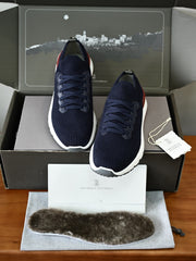 Luxury Men Knit Sneakers Leather Trim Lace‑Up Casual Walking Trainers With Removable Wool Fleece Insole For Daily Wear
