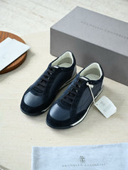Brunello Cucinelli Men Mixed Suede & Leather Paneled Low‑Top Lace‑Up Sneakers, Luxury Italian Casual Trainers For Smart‑Casual Daily Commute