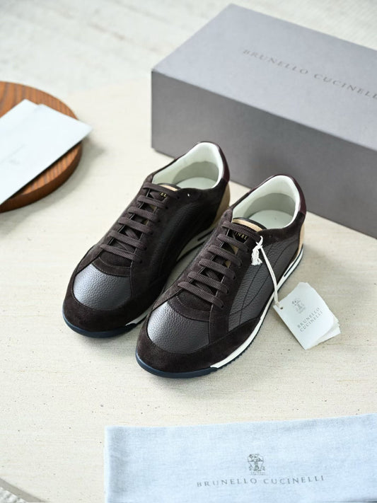 Brunello Cucinelli Men Mixed Suede & Leather Paneled Low‑Top Lace‑Up Sneakers, Luxury Italian Casual Trainers For Smart‑Casual Daily Commute