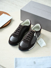 Brunello Cucinelli Men Mixed Suede & Leather Paneled Low‑Top Lace‑Up Sneakers, Luxury Italian Casual Trainers For Smart‑Casual Daily Commute