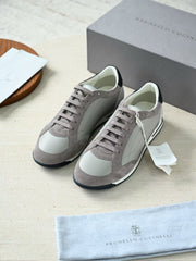 Brunello Cucinelli Men Mixed Suede & Leather Paneled Low‑Top Lace‑Up Sneakers, Luxury Italian Casual Trainers For Smart‑Casual Daily Commute
