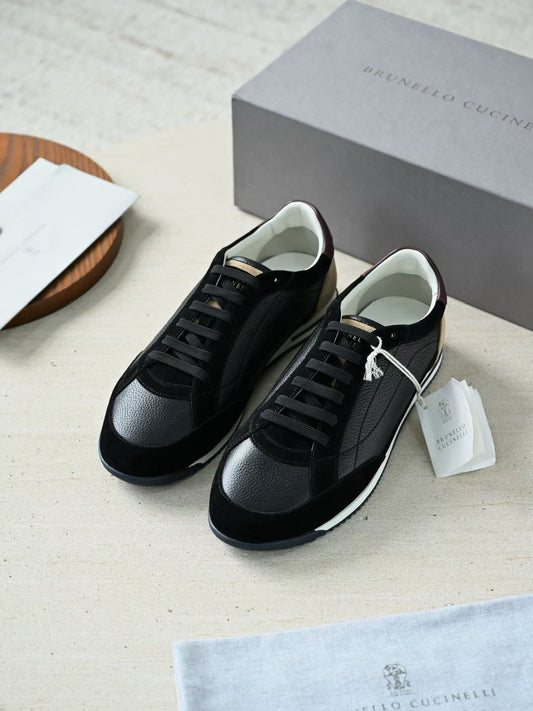 Brunello Cucinelli Men Mixed Suede & Leather Paneled Low‑Top Lace‑Up Sneakers, Luxury Italian Casual Trainers For Smart‑Casual Daily Commute